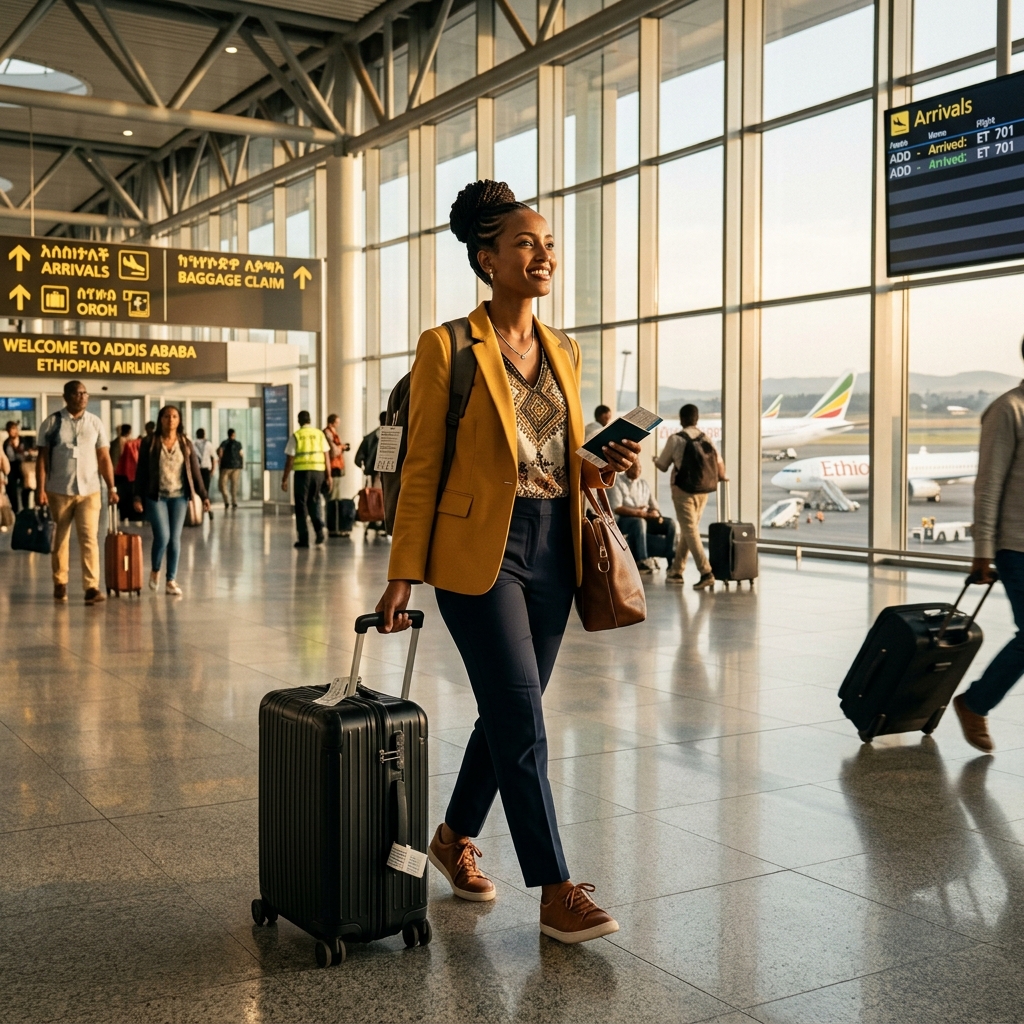 Ethiopian professional arriving at international airport